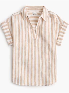 J. Crew White and Beige Striped Popover Top